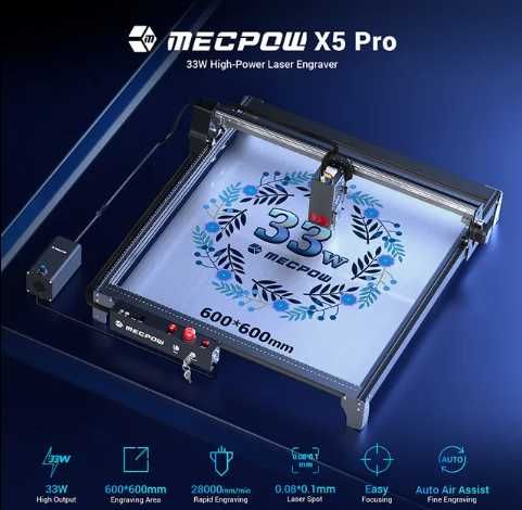 Laser gravator Mecpow x5, 33W Optic, 600x600mm masa lucru, WiFi - NOU
