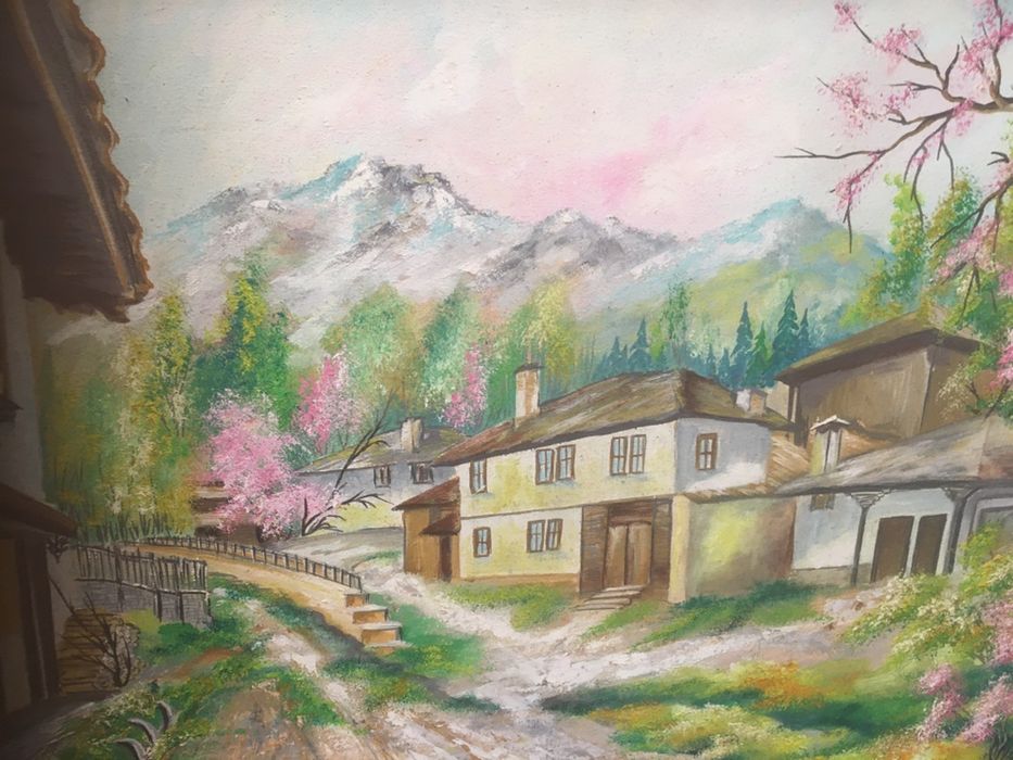 Картина акварел -старите къщи сгушени в подножието на планината