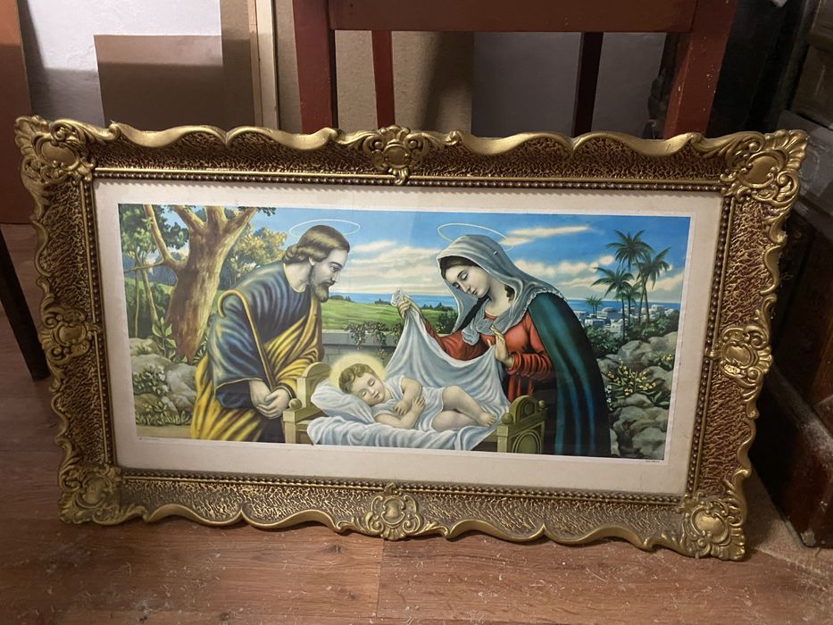 Tablou religios Nașterea Domnului – ramă aurie ornamentală, 95x55 cm