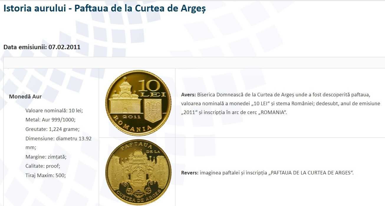 Moneda istoria aurului BNR Paftaua Curtea de Arges gradata NGC PF 69