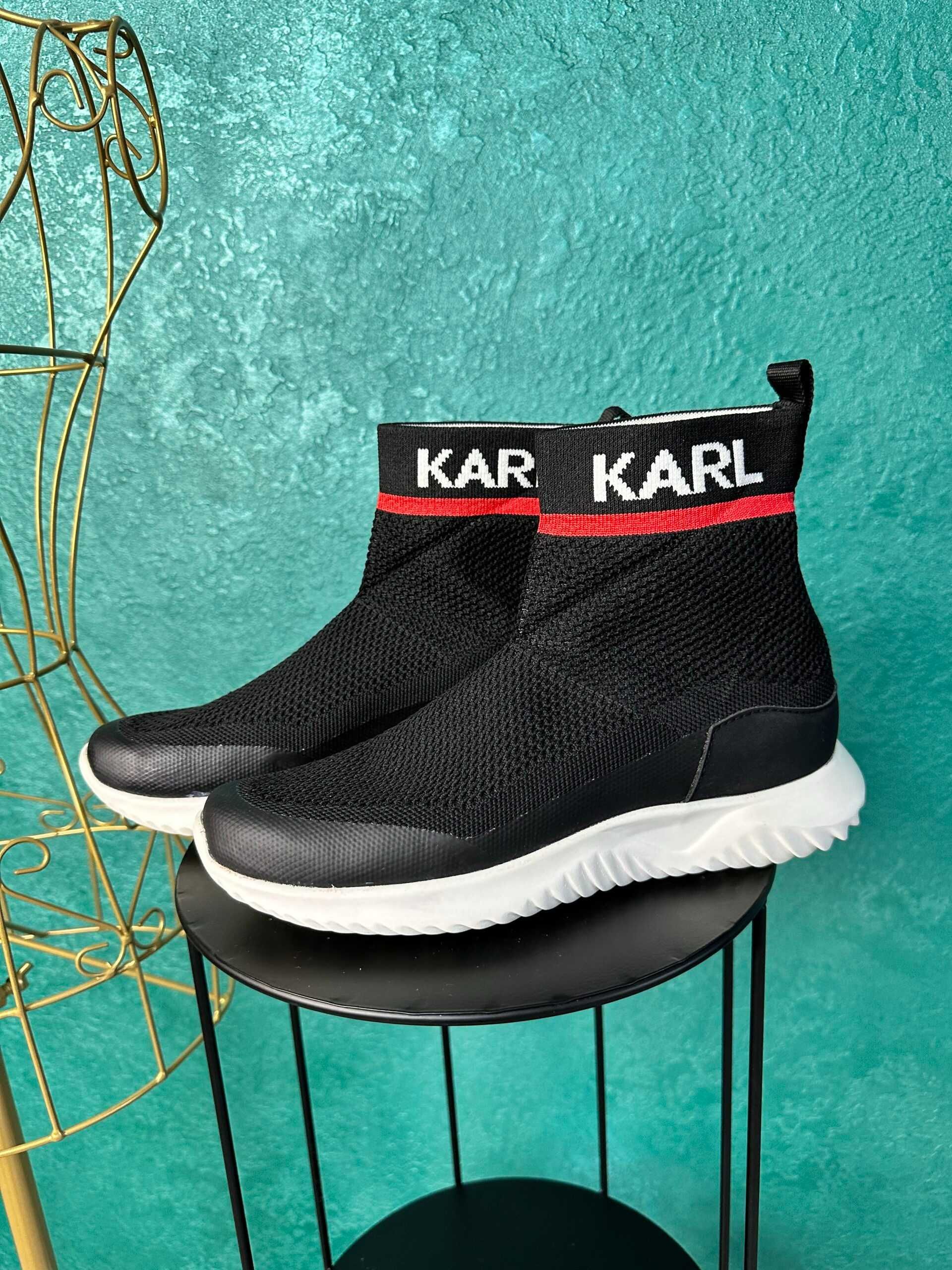 Sneakers Karl Lagerfeld negri cu roșu și alb, stil șosetă , mărimea 38