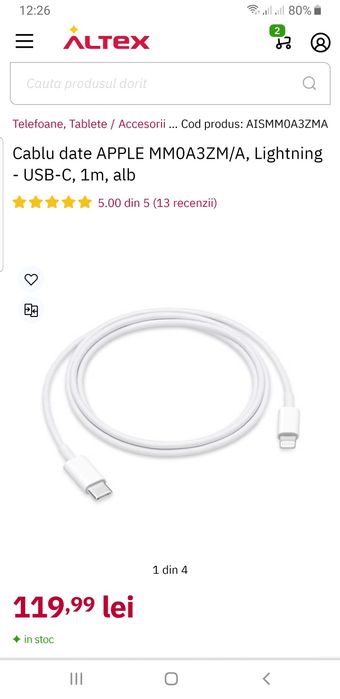Cablu incarcare date USB-C Lightning Original Apple MM0A3ZM/A  iPhone