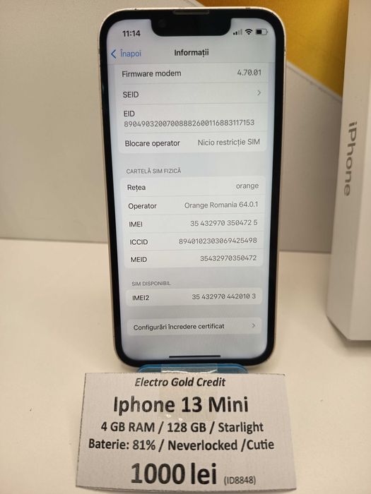 Iphone 13 Mini 4GB RAM/128GB/Starlight/Neverlocked/Baterie:81% ID:8848