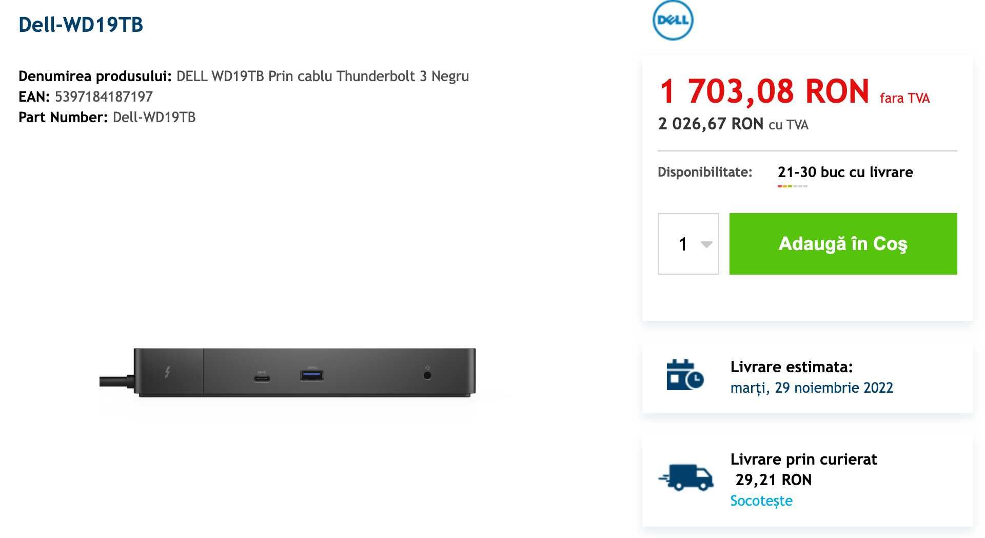 Dell-WD19TB, Statie Dock Thunderbolt 3 negru, 40Gbps, 180W, negru