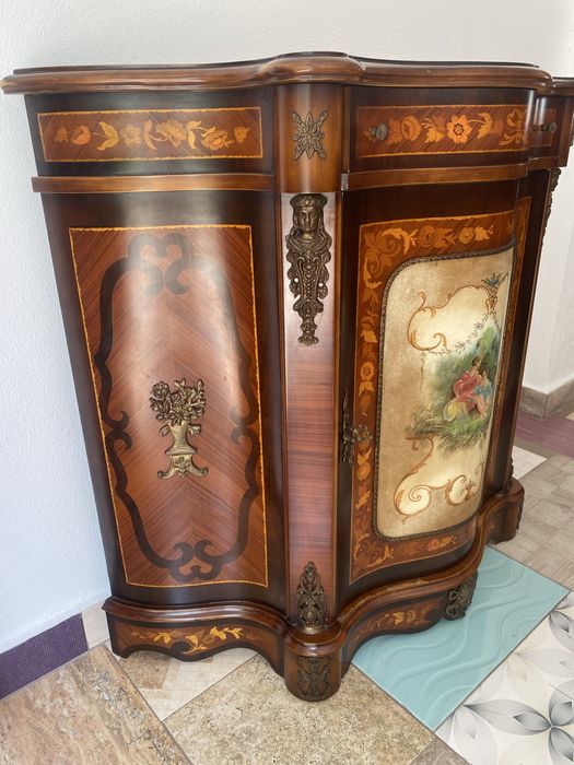 Comoda Lemn Masiv Pictura Bronz Intarsii Vintage