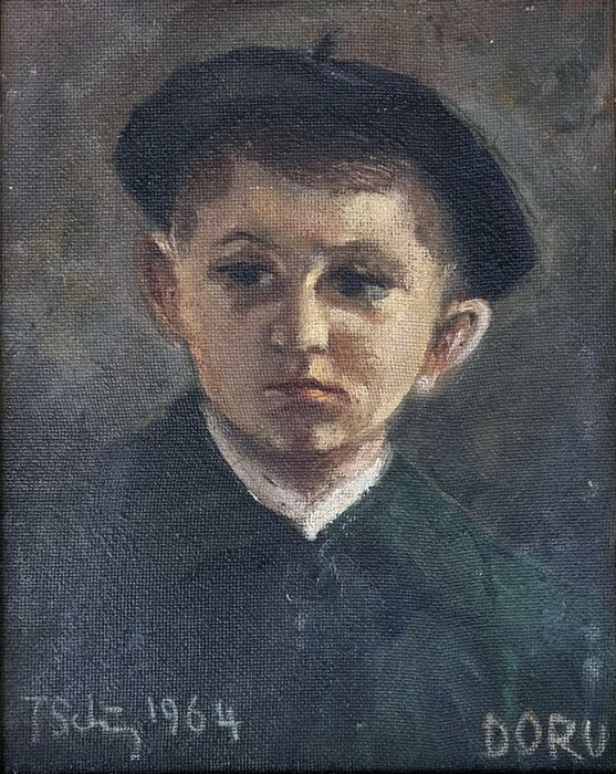 T Schipor 1964 tablou portret baiat pictura ulei inramat 39x46cm