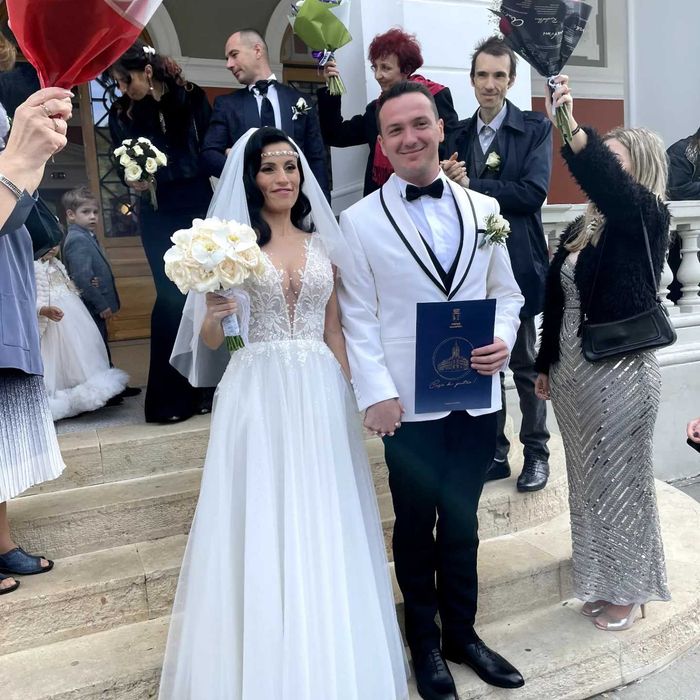 Rochie de mireasa xs-s a-line, alb-ivory, tulle moale, usoara