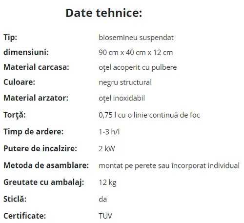 Semineu cu bioetanol suspendat 900x400 BOX,  sticla, de interior!