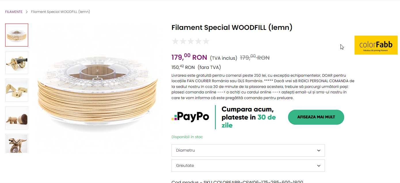 filament 3d printer woodfill 3mm pla cu lemn