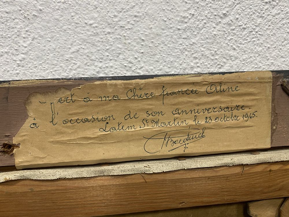 Стара френска картина маслено платно с подпис зимна приказка