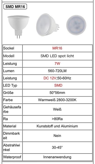 10xbecuri-spoturi Mr 16 Led SMD12V lumina calda 7w egal cu 55w Haloge