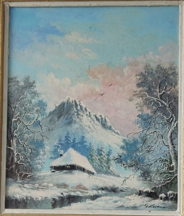 Tablou Iarna Fermecată în Munți - Pictură Originală de N. Galesanu"