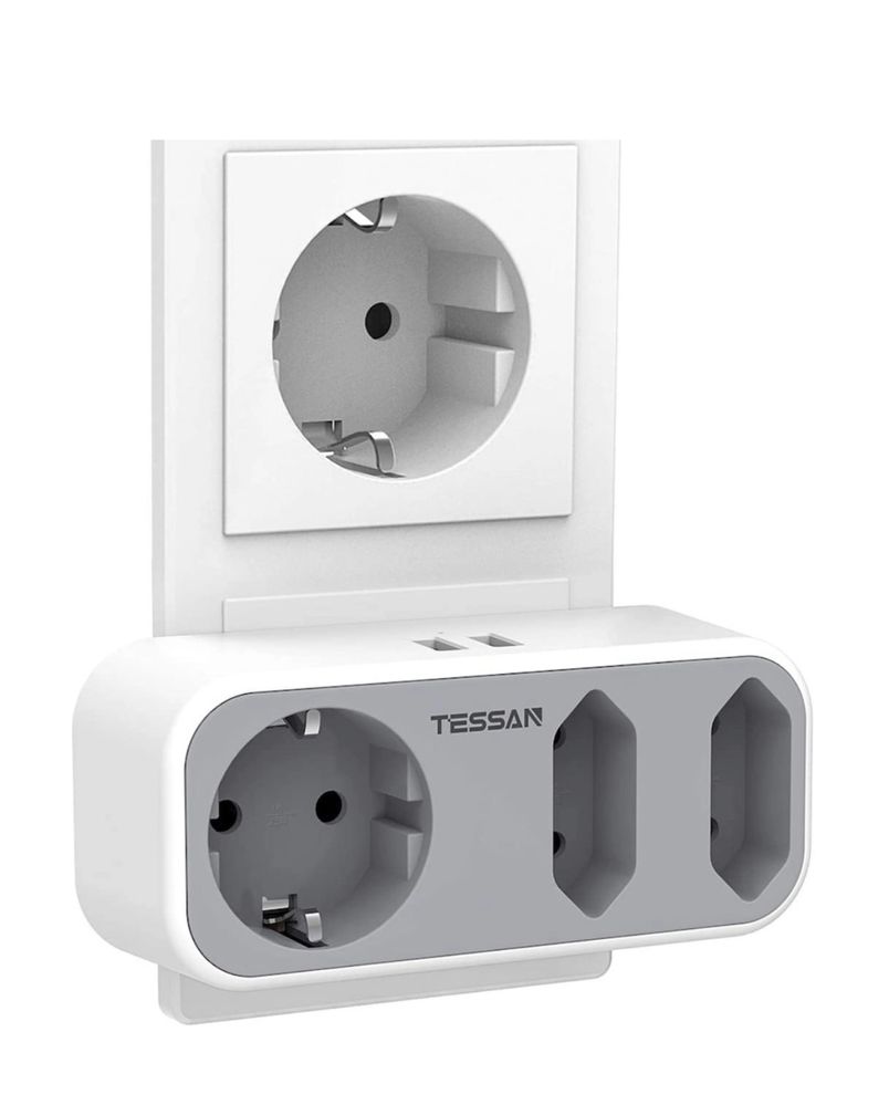 Adaptor priza Tessan TS-324, 3 prize, 16A, 2xUSB 5V/2.4A, NOUA!