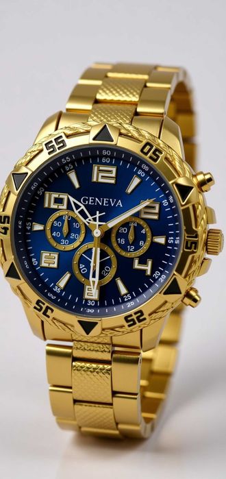 Мъжки луксозен часовник Geneva • Златен корпус • Син циферблат