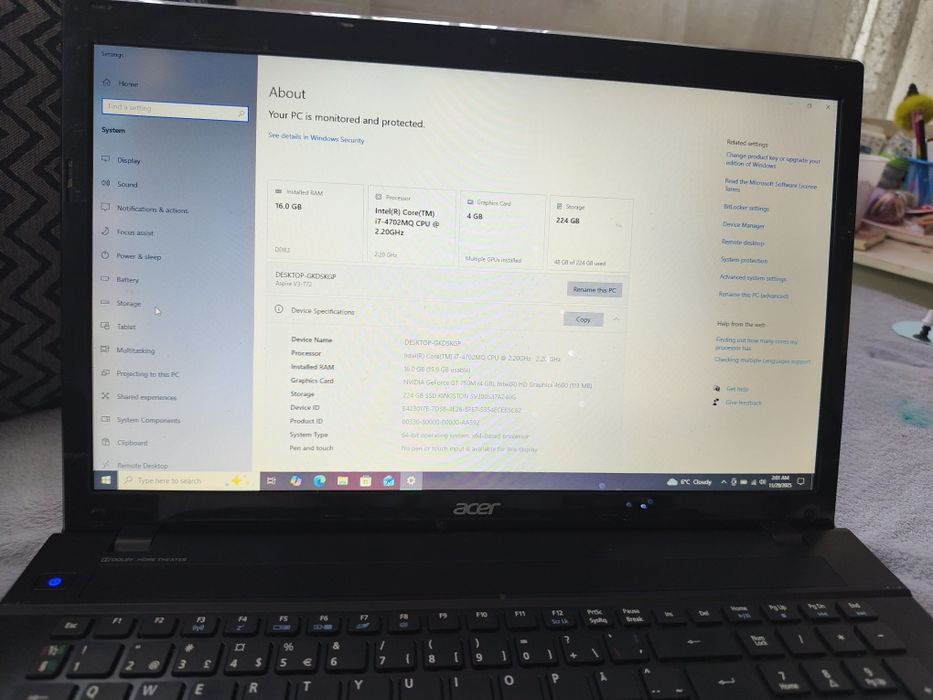 Laptop gaming Acer Nitro i7 Ram 16Gb video 4Gb ssd GTA FORTNITE CSGO