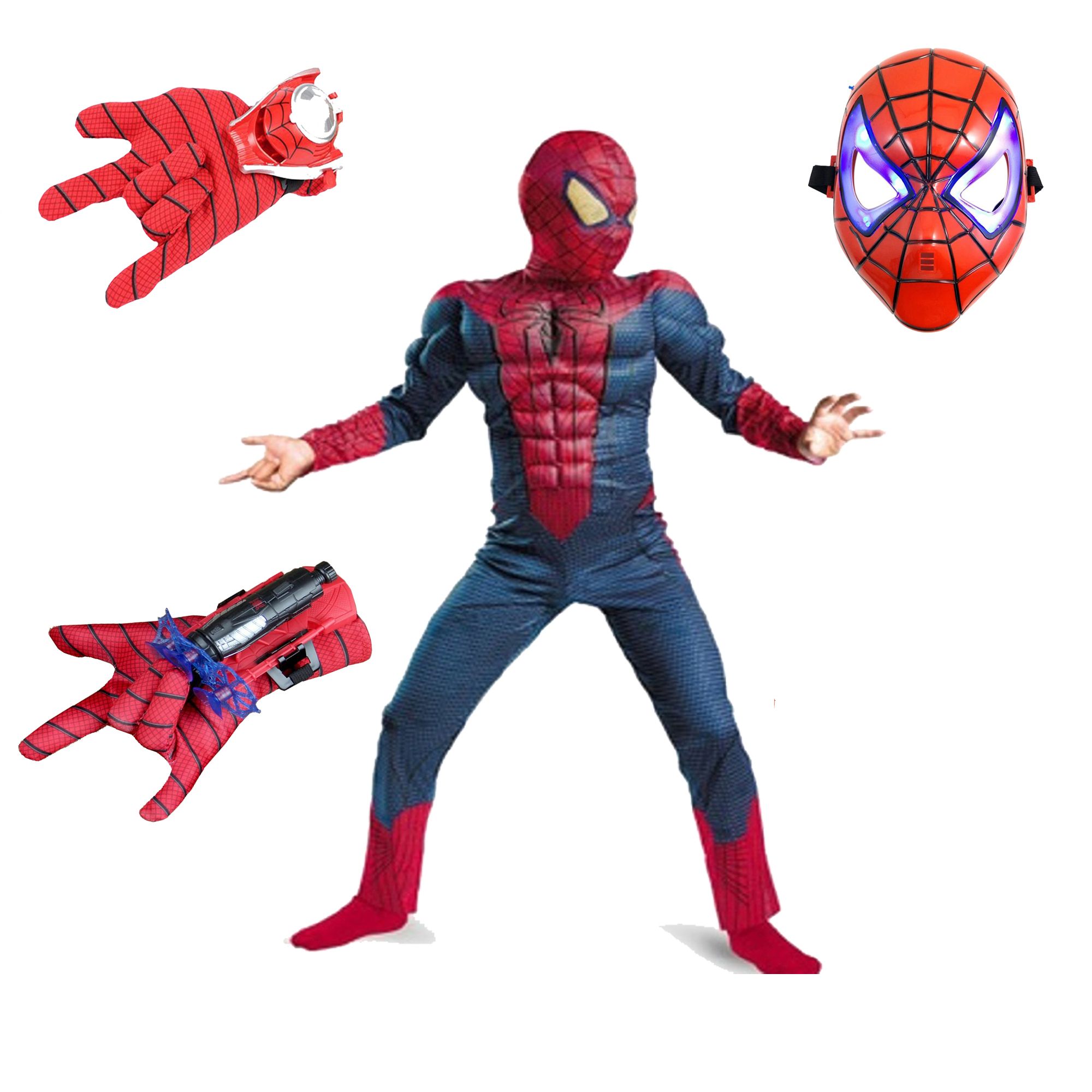 Set costum Spiderman cu muschi, 5-7 ani, 2 lansatoare si masca
