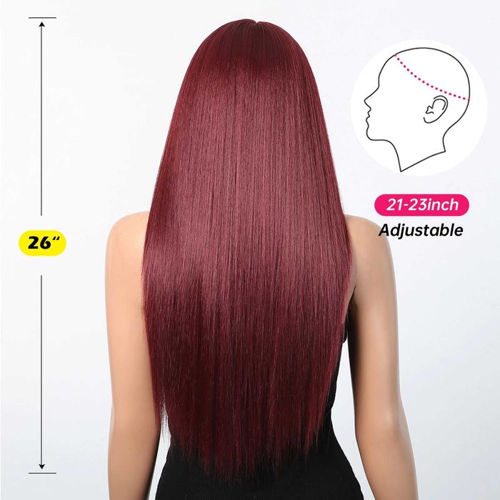 73 см Тъмно червена бургунди бордо права перука с дантела 13x4x1