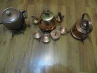Медни антикварни съдове фондю, сервиз за чай, чайник