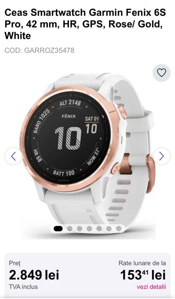 Ceas Smartwatch Garmin Fenix 6S Pro, 42 mm, Rose/Gold, White Nou