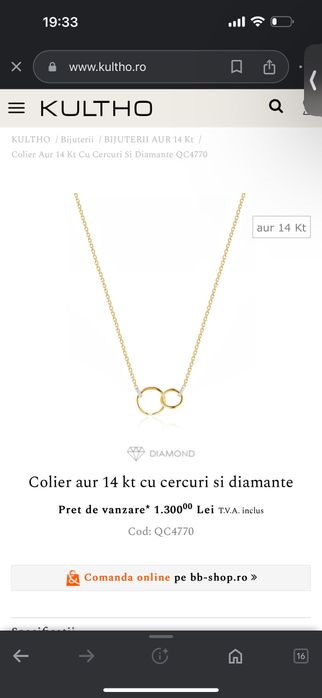 Kultho lanț diamant aur galben