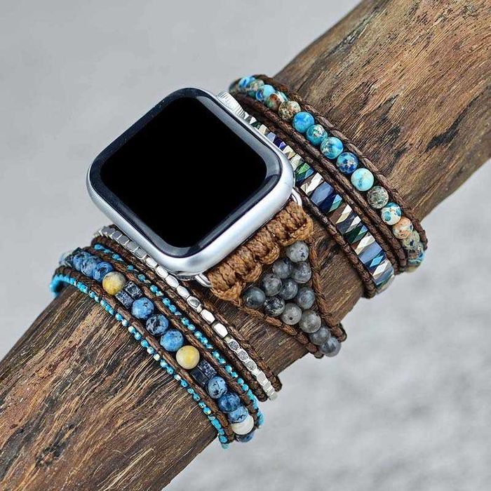 Каишка за Apple Watch от естествен лабрадорит и син яспис