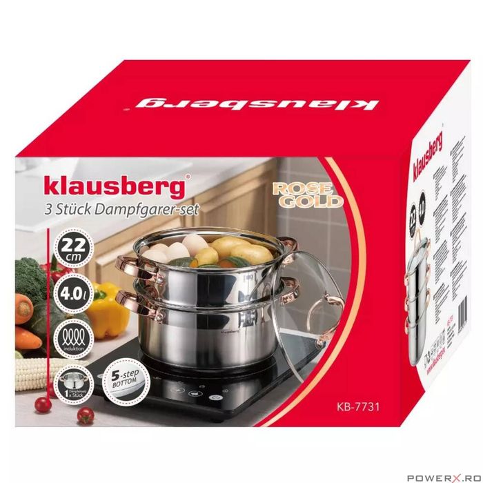 Set de 3 piese, oala pentru fiert cu abur, inox, diametru 22 cm,