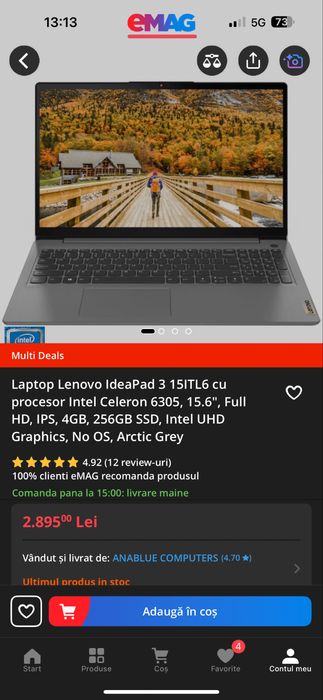 Laptop Lenovo IdeaPad 3 15ITL6 ca nou de 4gb. RAM și 256 SSD