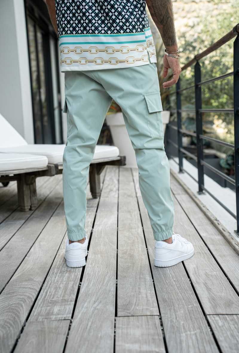 Pantaloni barbati tip jogger, cu buzunare si bata, Verde turcoaz, Gri