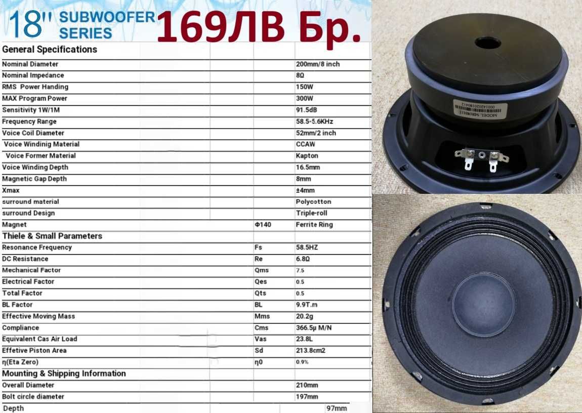 Японски Нискочестотен Говорител Subwoofer Басс 1-18 Инча. Налични Нови