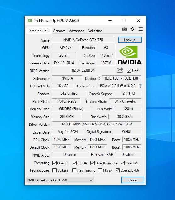 Nvidia Geforce GTX 750 2GB DDR5 VGA DVI HDMI