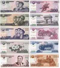 Северная Корея. Полная Коллекция из 10 Банкнот - Вона КНДР. UNC