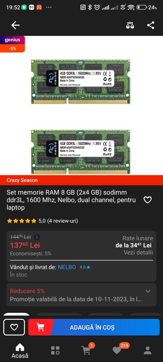 Memorie RAM 2x4 GB 1600 MHz DDR 3L