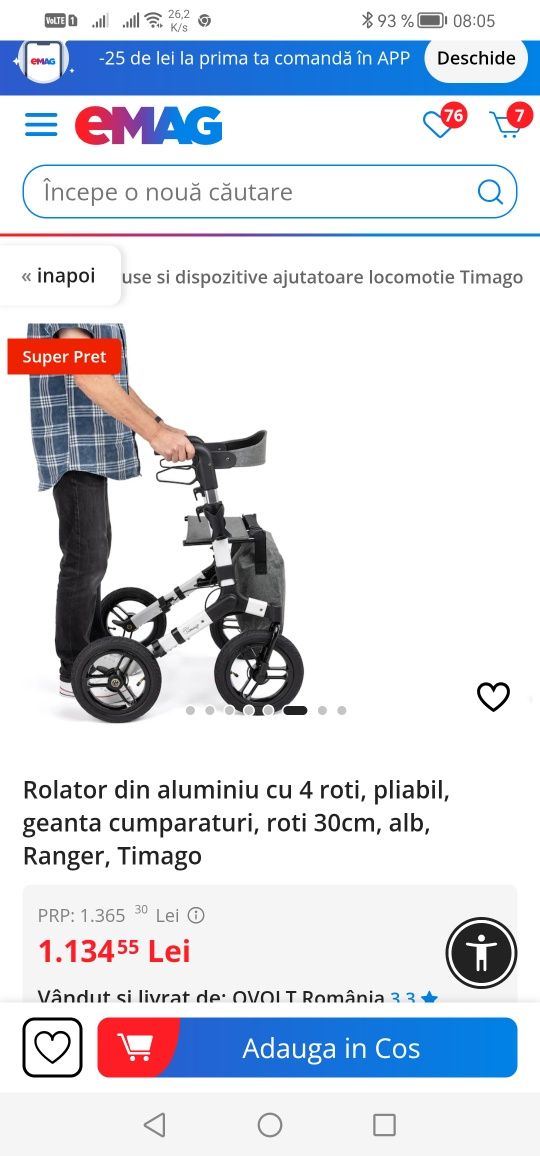 Rolator pliabil handicap aluminiu Frane transformabil in scaun textile