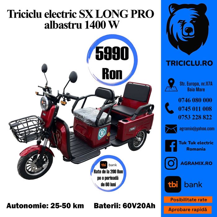 Triciclu electric nou cu CIV fara permis THOR SX Long Pro Agramix