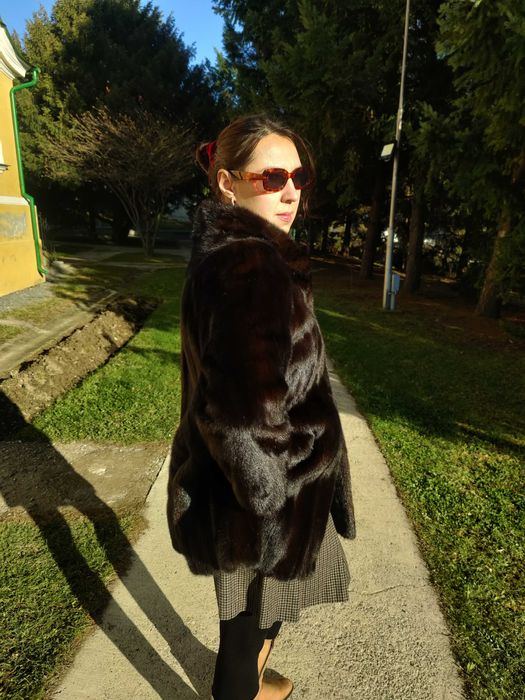 Haina de Blana Naturala de Nurca Maro-Negru XL-Lungime 80 cm NOUA Nr27