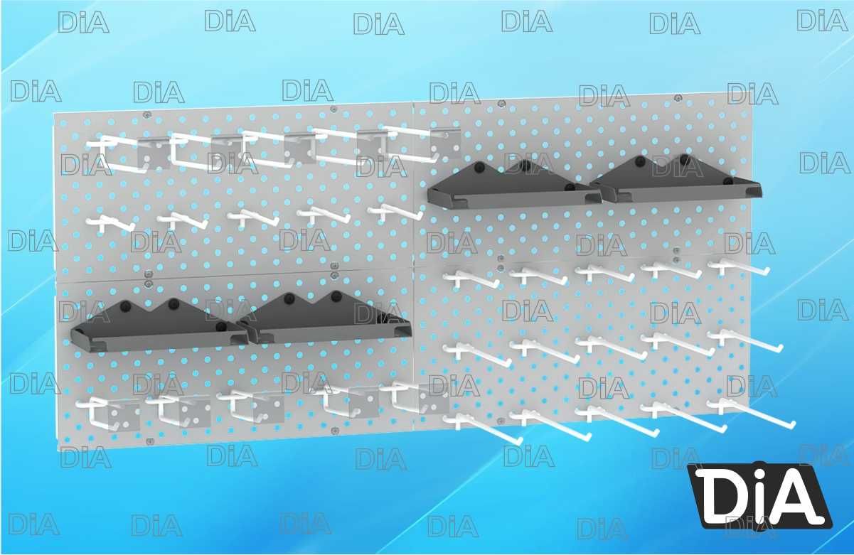 Перфорированная панель, размещение товаров на крючках kapp