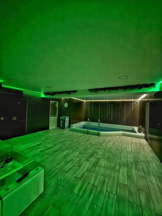 Sauna pe lemne, bazin cu apa