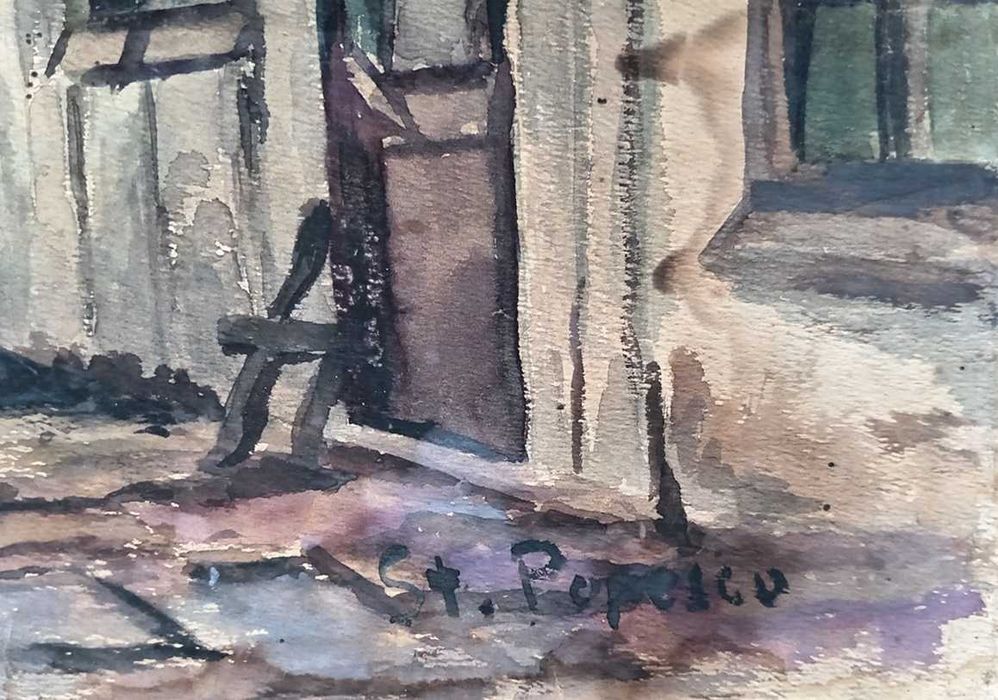 Tablou vechi - peisaj urban vechi - semnat St. Popescu