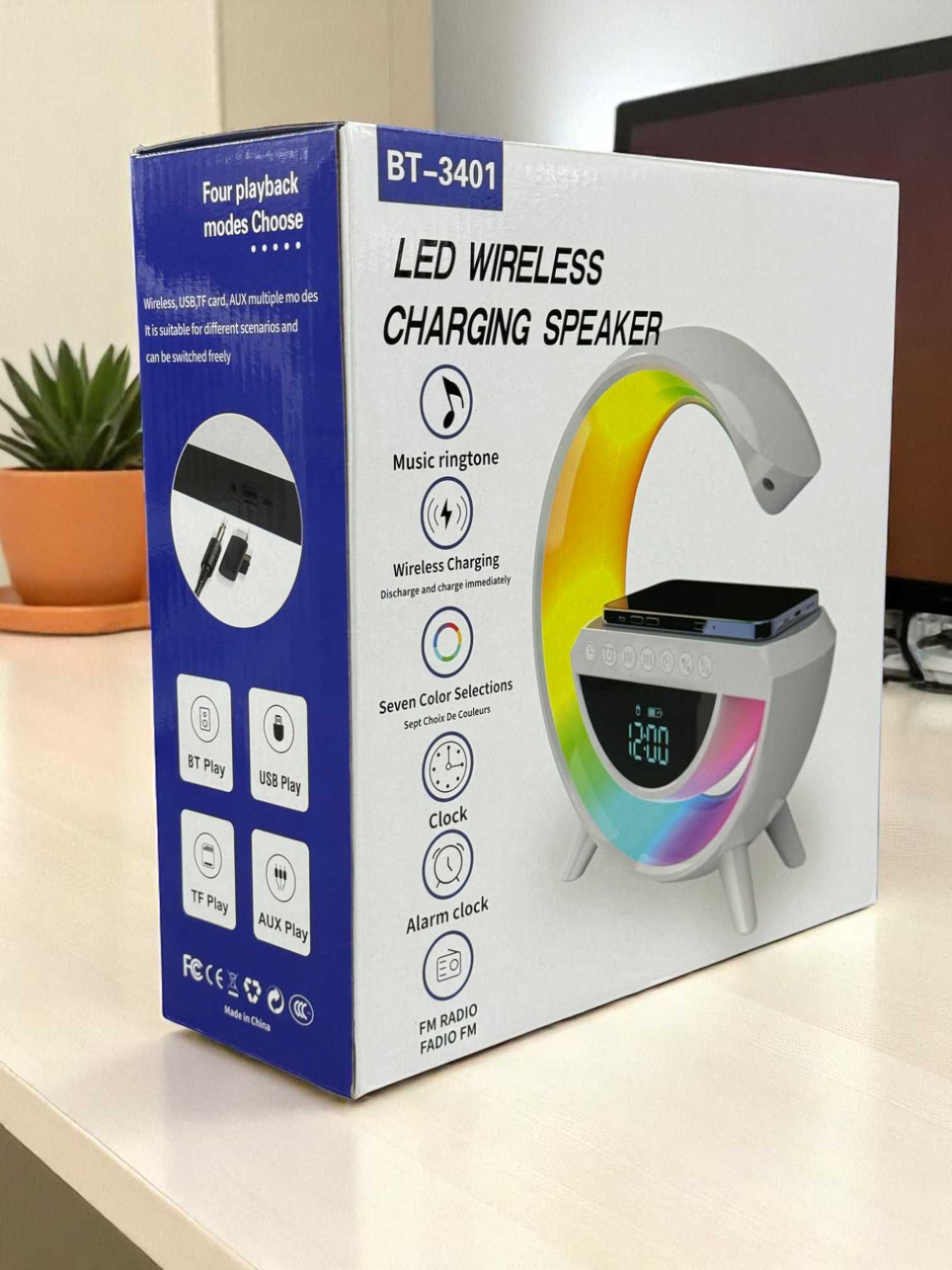 Настольная Bluetooth колонка с беспроводной зарядкой LED Wireless