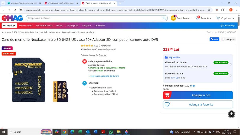 Camera Auto DVR 4K Nextbase NBDVR622GW + Card memorie Nextbase 64GB