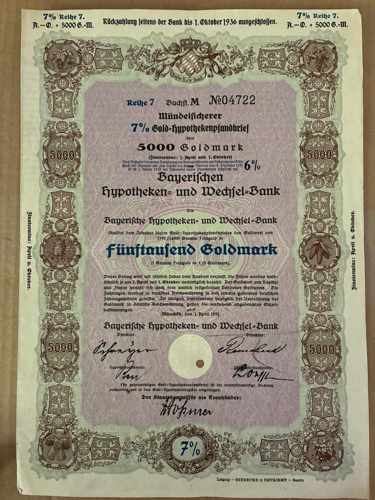 5000 Goldmark 1931 Germania titlu obligatiune bond marci aur