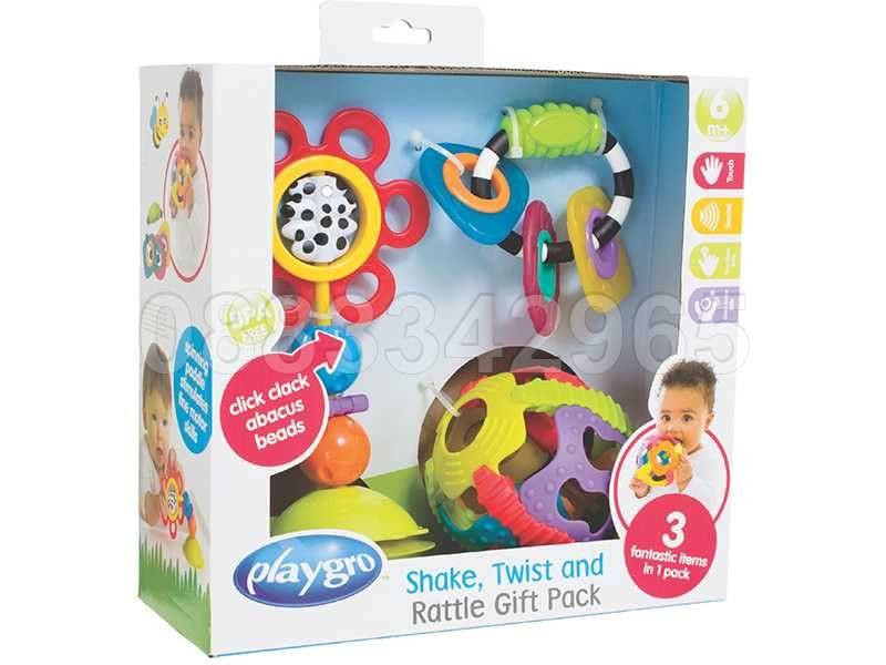 НОВ! Комплект дрънкалки 3 бр Playgro Shake, twist and rattle gift pack