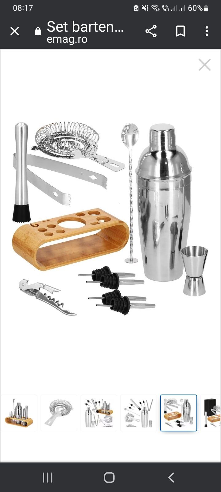 Set bartending, 12 piese, suport bambus, 750ml.,inox