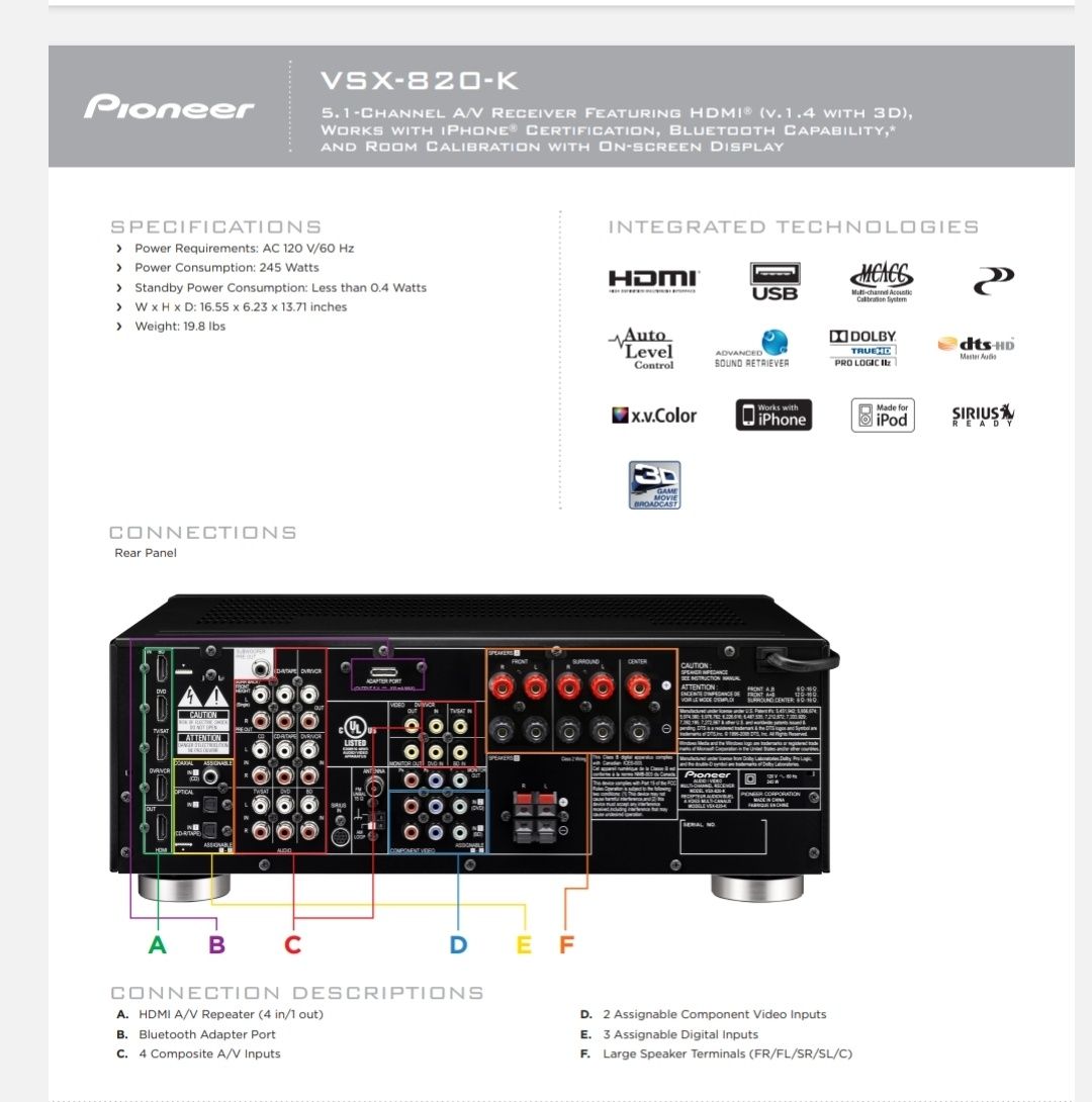 Amplificator Receiver Stație Pionner VSX 820K HDMI 3D 4K Bluetooth