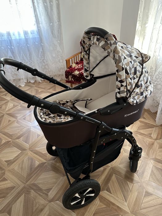 Carucior Krausman 3 în 1/Roti mari cu camera/Suspensie/Maro