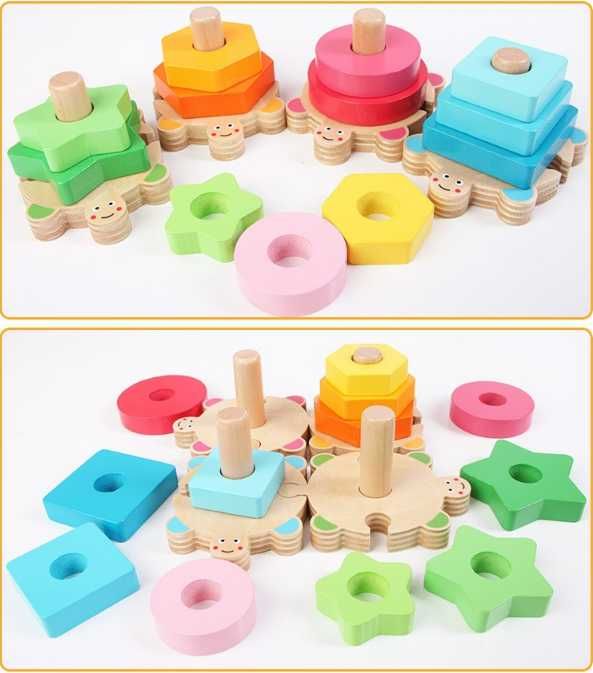 4в1 Монтесори дървен сортер с костенурки за разпознаване на цветовете