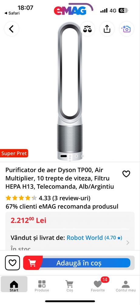 Purificator de aer și ventilator Dyson Pure Cool™ TP00