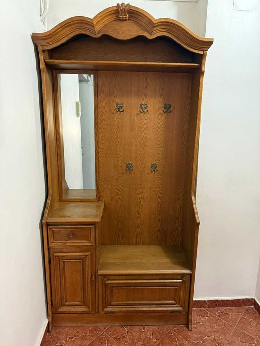 Cuier/holier lemn masiv cu oglindă și spațiu depozitare