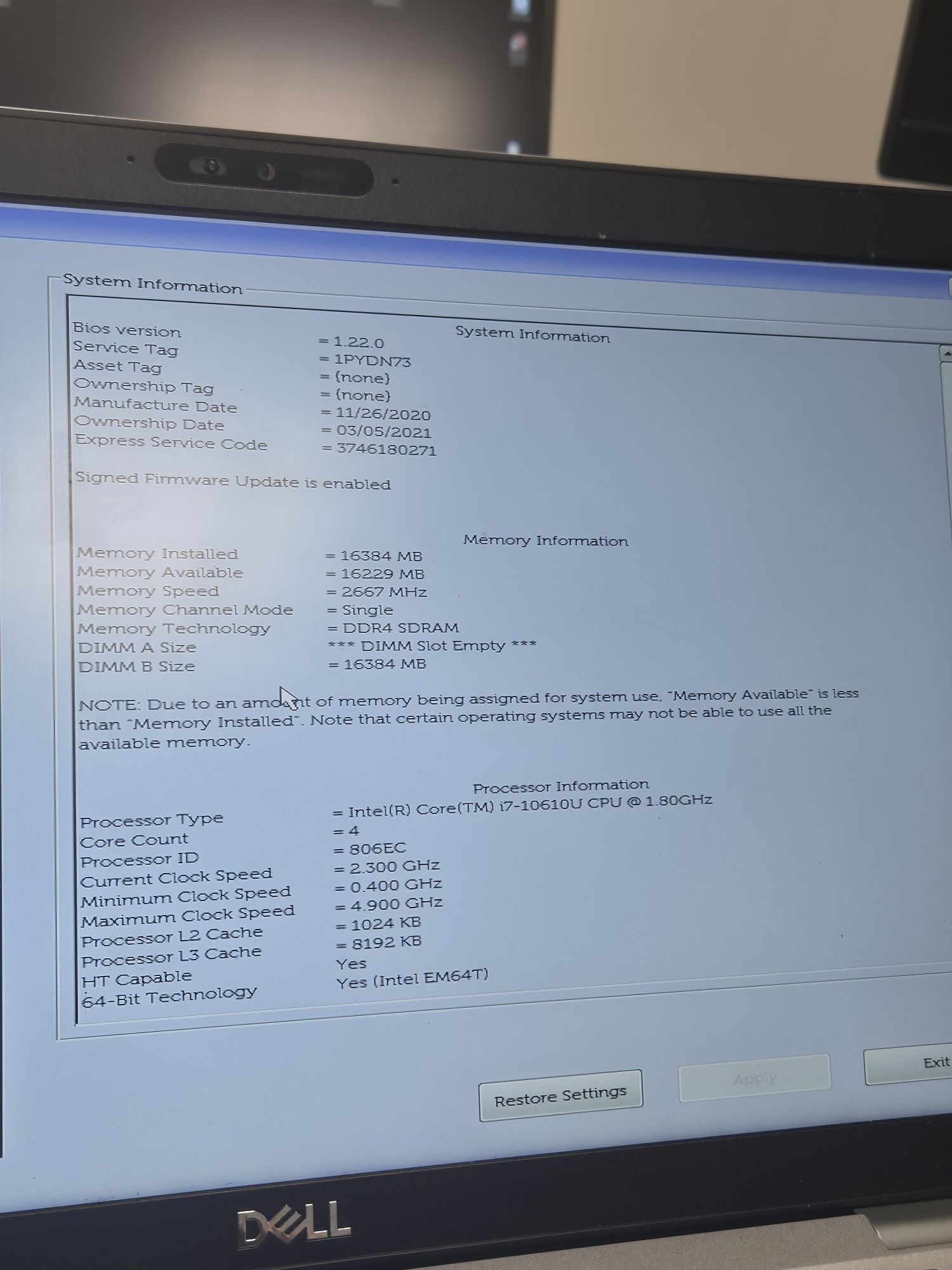 Лаптоп Latitude 5410, i7-10610U, 16GB RAM