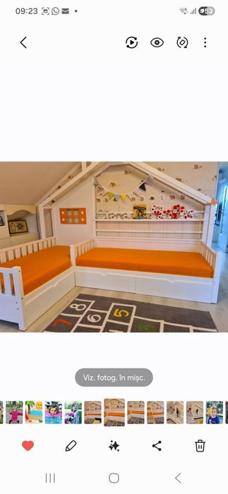 Pat dublu tip căsuță, L, pentru 2 copii – alb + fereastră portocalie,